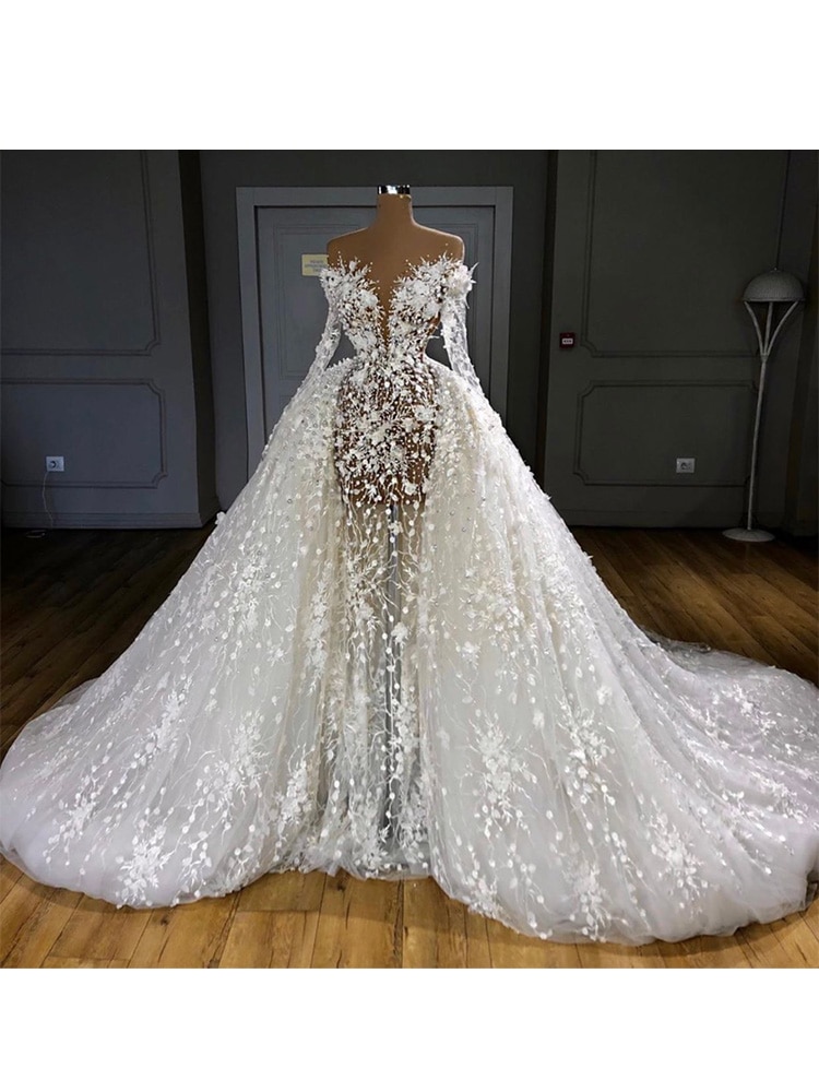 2022 Illusion Mermaid Prom Dress Beaded Lace Appliques With Detachable ...